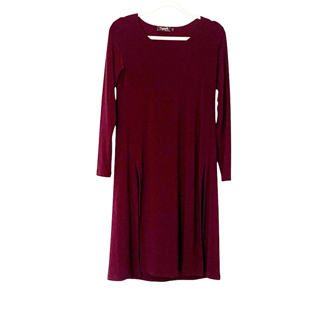 Sympli Burgundy Wine 4 Stretch Jersey Knit Long Sleeve Tunic Dress Leg Slits